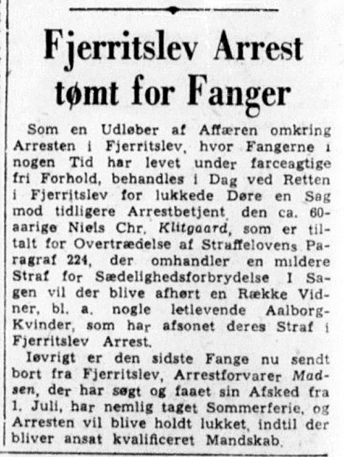 1947_06_17 Fjerritslev arrest tømt for fanger - Aalborg Amtstidende
